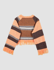 Orange Gradient Contrast Tassel Striped Sweater