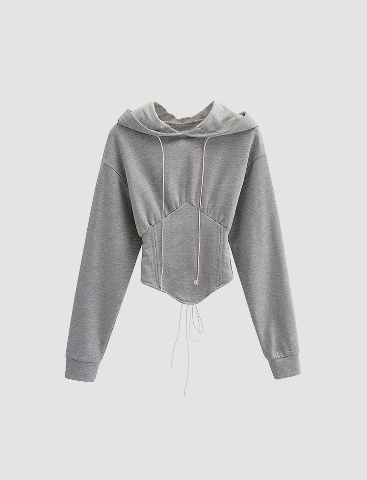 Solid Crop Hooded Tie Sweatshirt