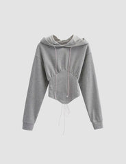 Solid Crop Hooded Tie Sweatshirt