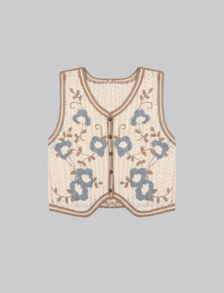 Apricot Flower Embroidery Knit Hollow Vest