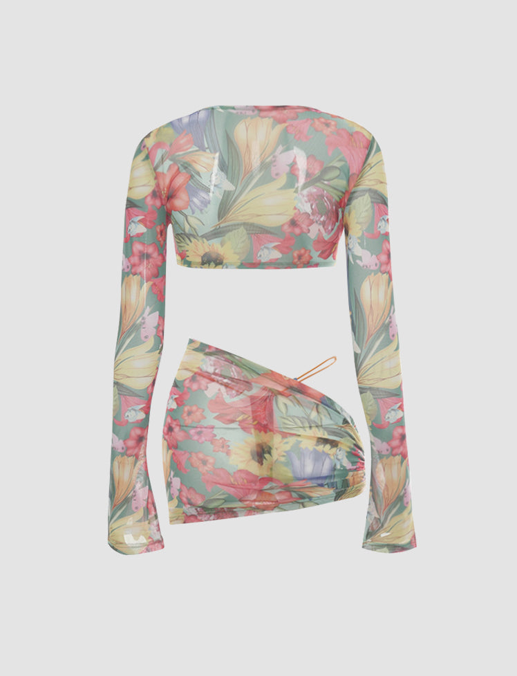 Summer Floral Print Mesh Crop Top And Mini Skirt Set
