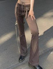 Low Waist Buckle Flared Trousers