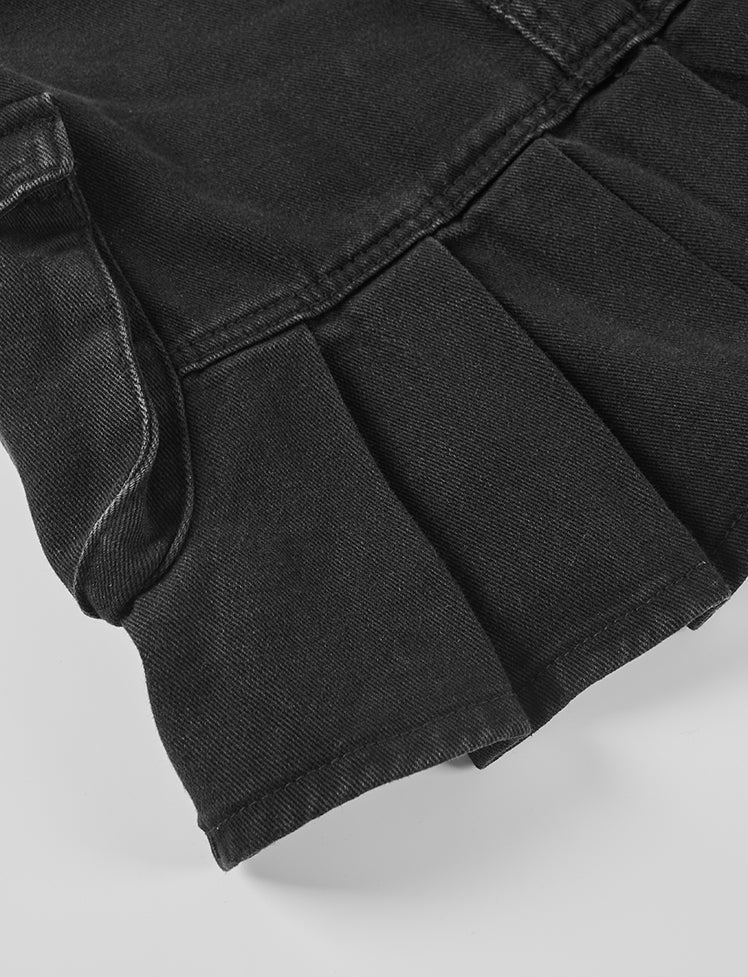 Black Ruched Denim Zipper Skirt