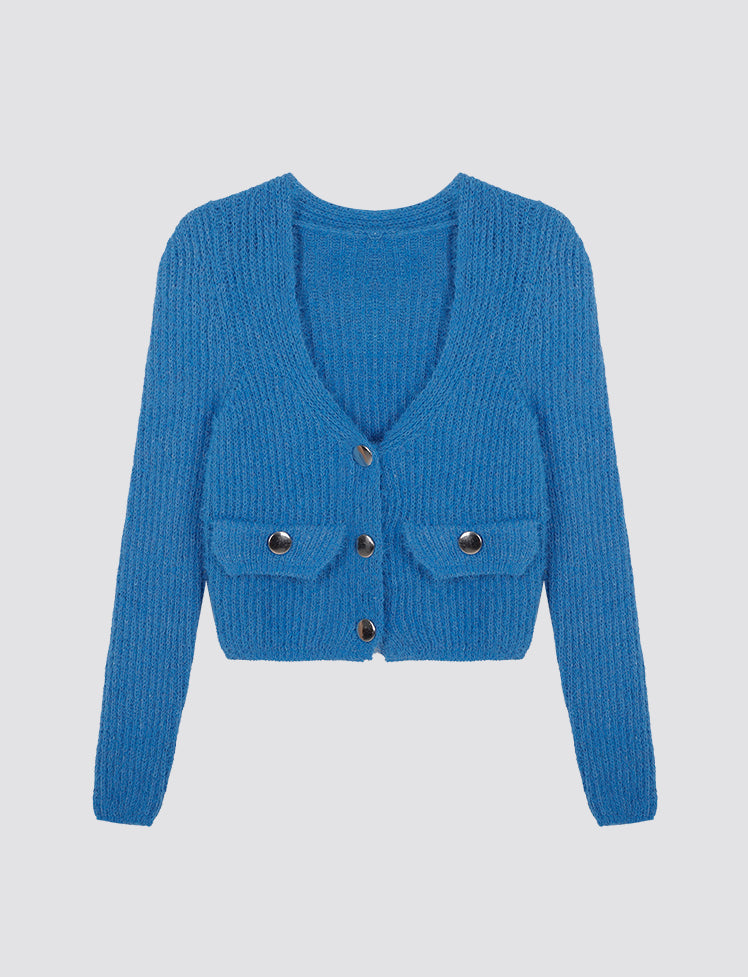 Blue Vintage Button Knitted Crop Sweater