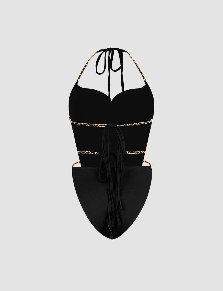Black   Bodysuit Swimwear For   With Chain