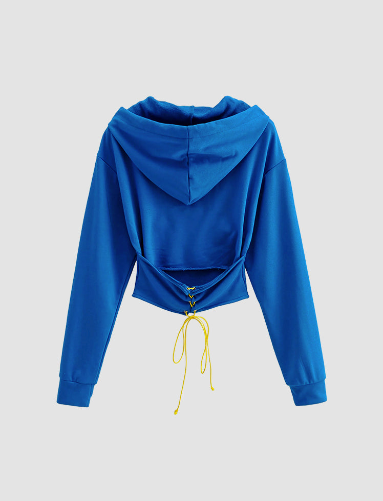 Solid Crop Hooded Tie Sweatshirt