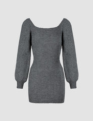 Gray Lantern Sleeve Knitted Dress