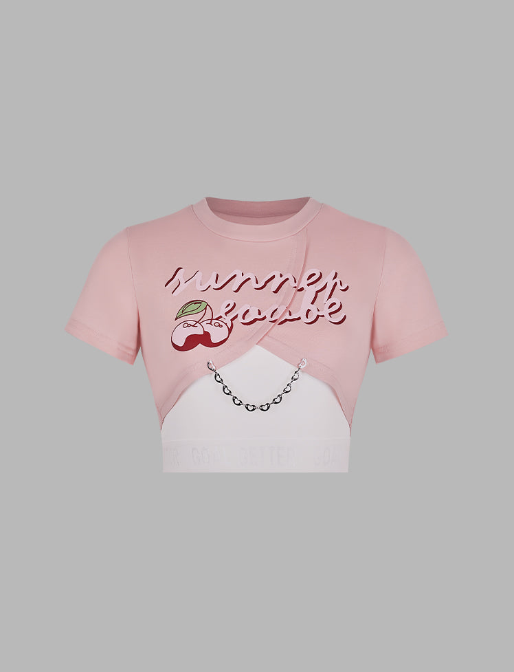 Cherry Letter Print Paneled Crop Top