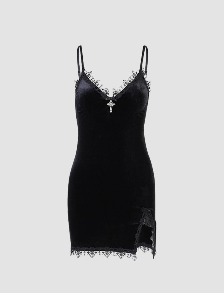 Black Lace Side Split Summer Slip Short Dress For