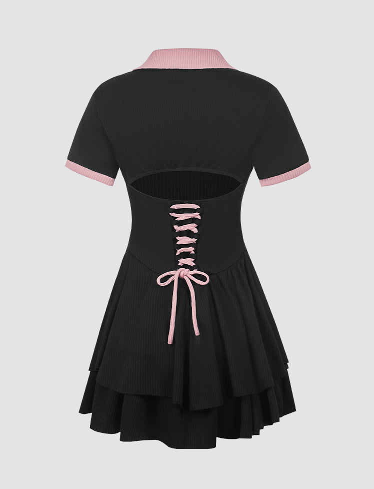 Polo Neck Lace-up Back Puff Dress