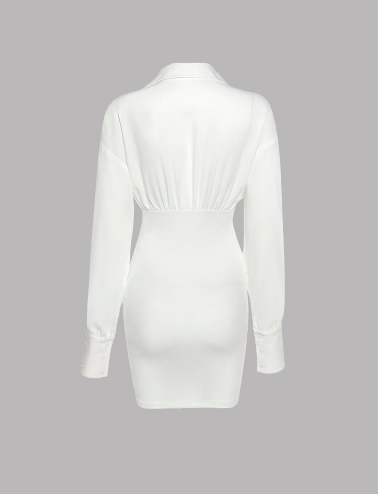 Tie Ruched Lapel Summer White Blouse Short Dress