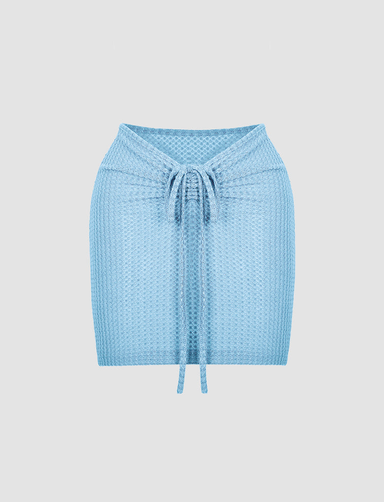 Blue Drawstring Knit Crop Top & Skirt Set