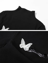 Black Butterfly Turtleneck Cut Out Top&Mini Skirt Set