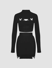 Black Butterfly Turtleneck Cut Out Top&Mini Skirt Set