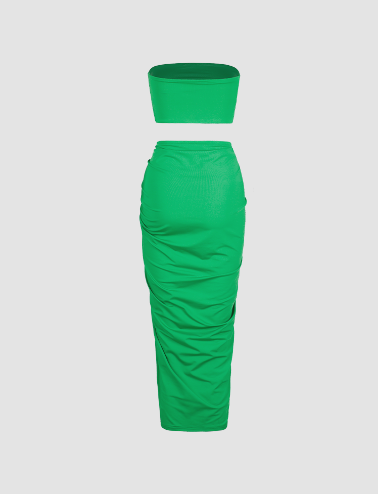 Green Tube Top&Ruched Gathered Slit Long Skirt Set