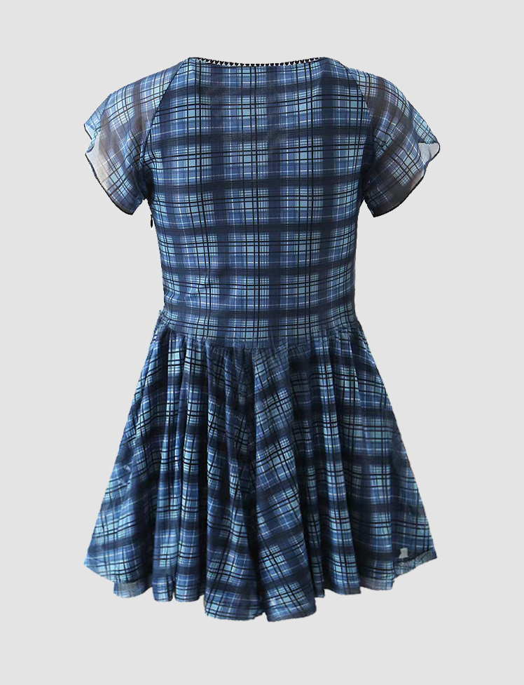 Check Square Neck Summer Short Dress For