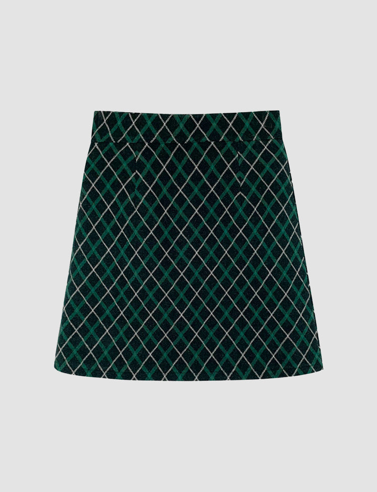 Green Contrast Plaid Skirt