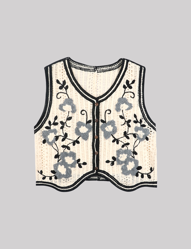 Apricot Flower Embroidery Knit Hollow Vest