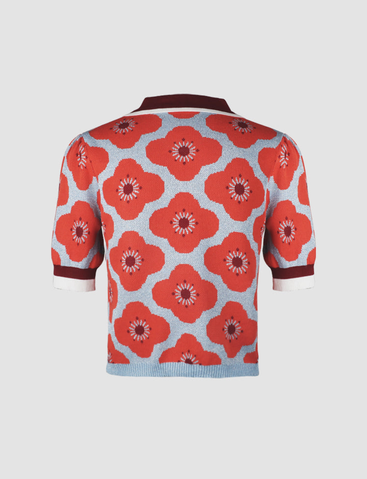 Orange Flower Print Short Sleeve Crop Polo Shirt Top