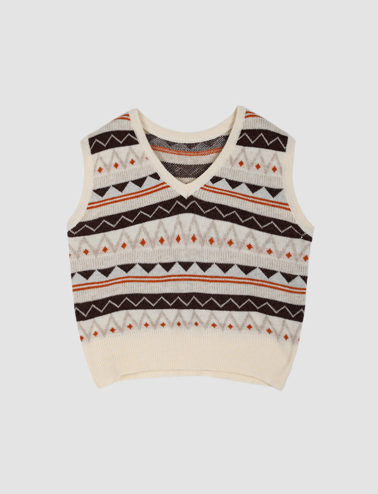 Beige Vintage Jacquard Knit Vest