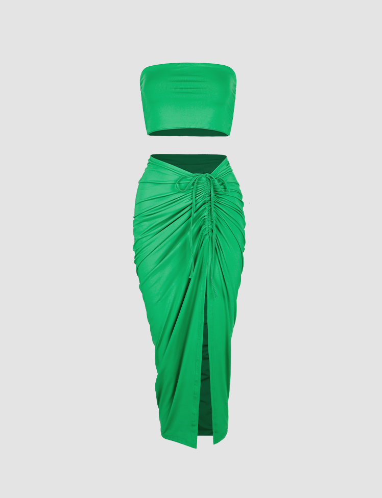 Green Tube Top&Ruched Gathered Slit Long Skirt Set