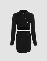 Black Irregular Lapel Love Buttons Up Top&Skirt Set