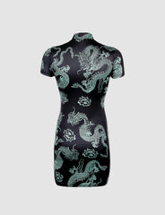 Green Vintage Cheongsam Dragon Print Slit Dress