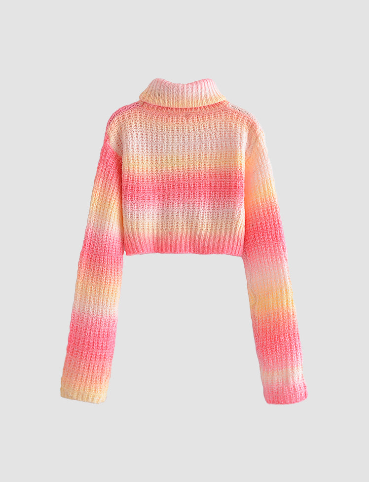 Pink Contrasting High-neck Striped Knitted Sweater