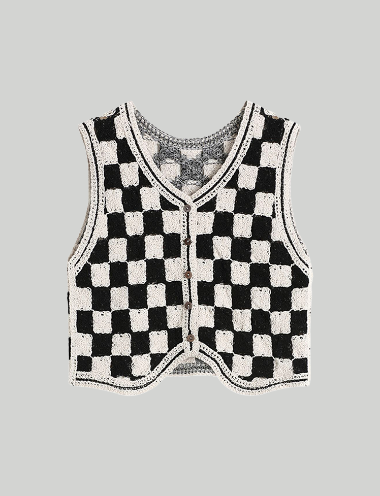 Black&White Contrasting Color Checkerboard Sweater Vest