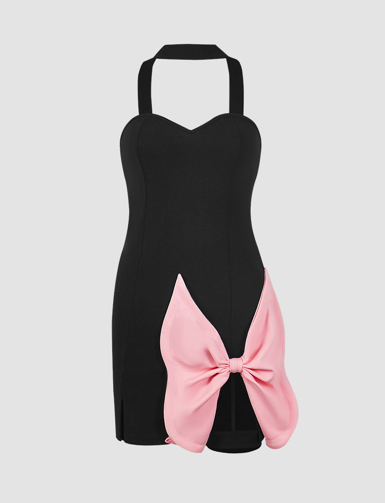 Pink Bowknot Solid Halter Dress