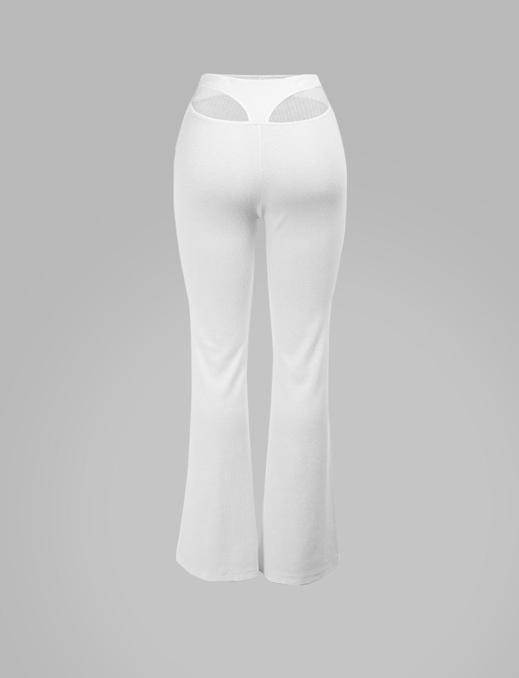Solid Rib Cutout Flared Trousers