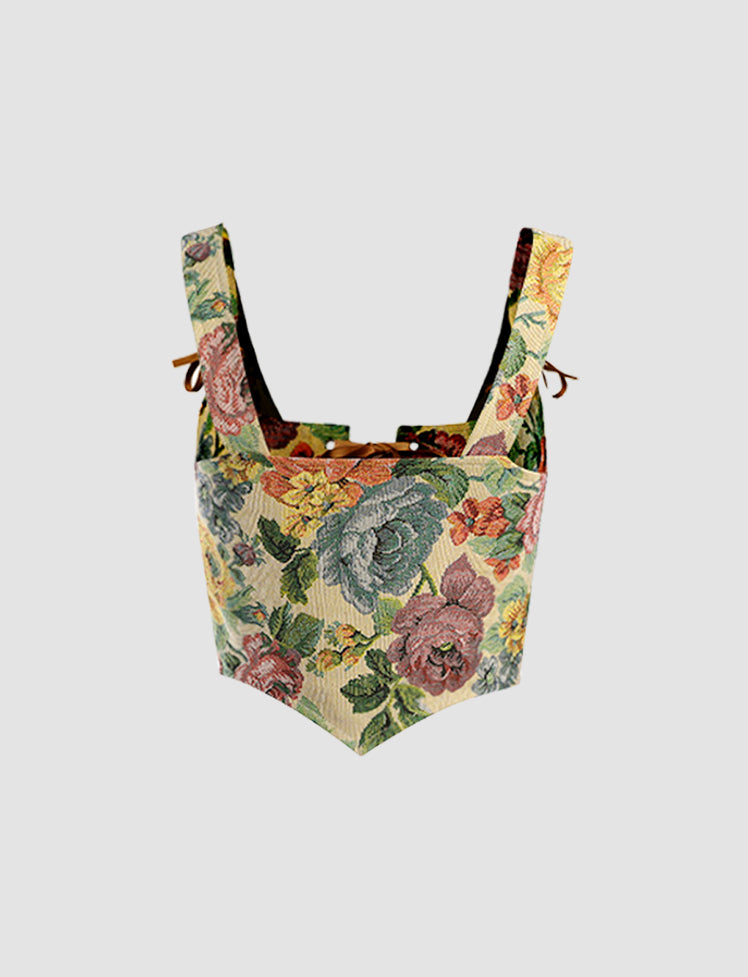 Colorful Vintage Floral Embroidered Straps Crop Cami Top