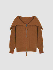 Brown Zipper Sweater Knitted Crop Cardigan