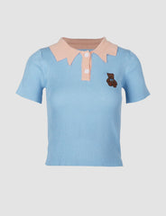 Bear Embroidery Knitted POLO Top