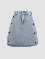 Heart Print Denim Skirt