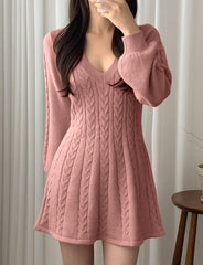 Balloon Sleeves V-Neck Braid-Knit Mini Dress