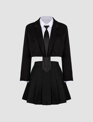 Black Crop Blazer&White Blouse&Pleated Skirt Three-piece Set