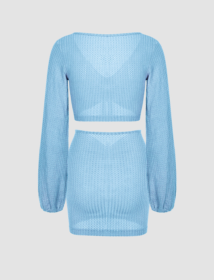 Blue Drawstring Knit Crop Top & Skirt Set