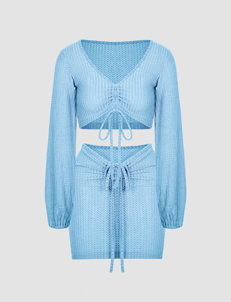 Blue Drawstring Knit Crop Top & Skirt Set