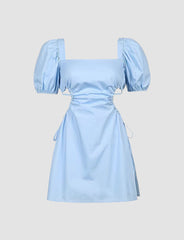 Blue Puff Sleeve Backless Summer Going Out Party Dress