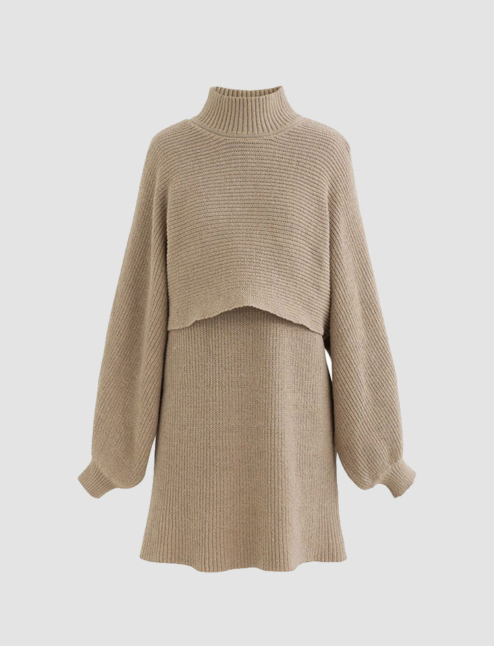 Lantern Sleeve Pullover Mock Neck Shawl Knit Two-Piece Dress