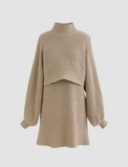 Lantern Sleeve Pullover Mock Neck Shawl Knit Two-Piece Dress