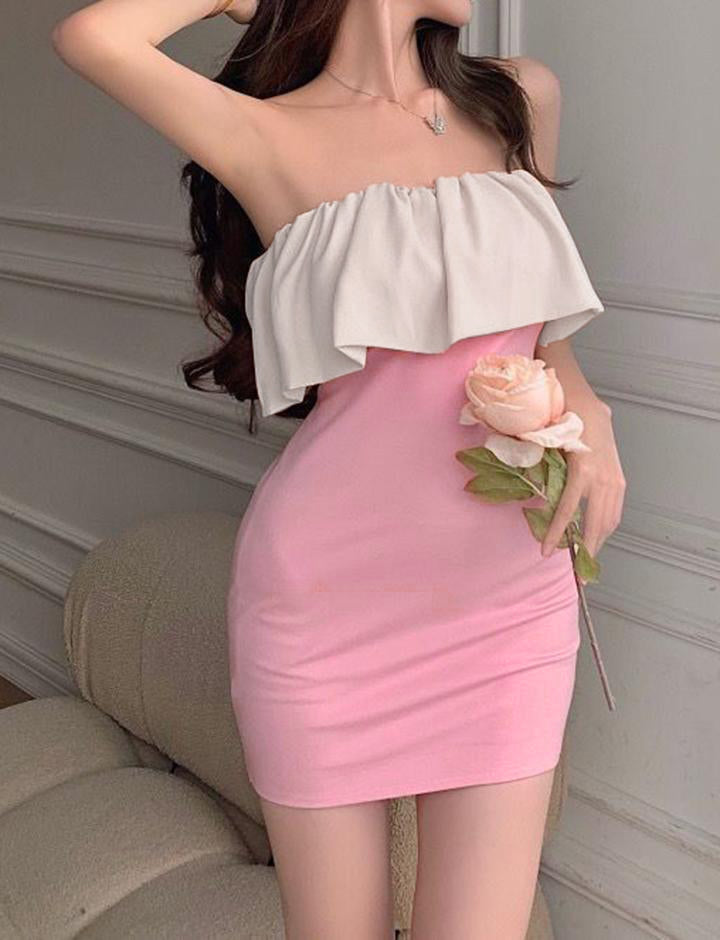 Contrast Color Strapless Party   Bodycon Dress For