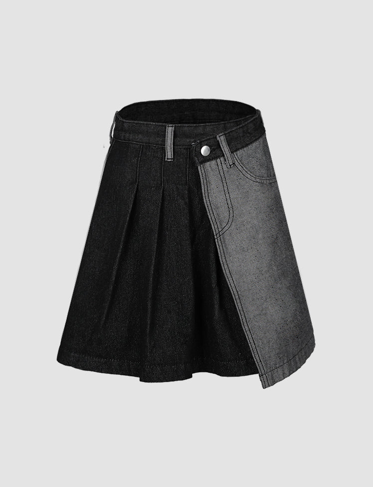 Black Stitching Irregular Denim Mini Skirt