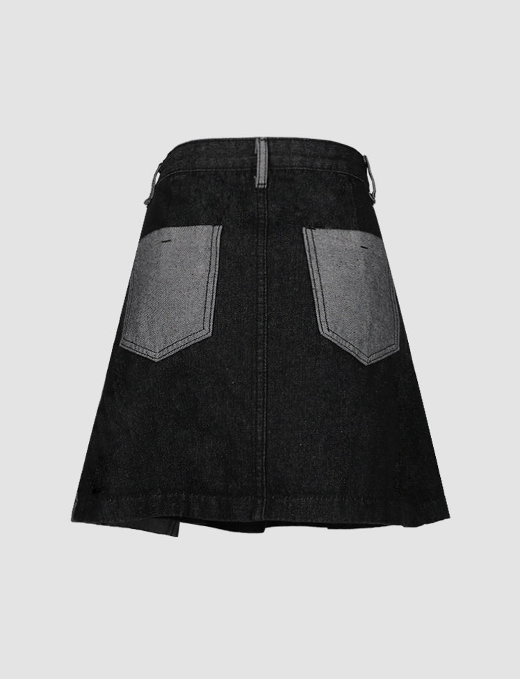 Black Stitching Irregular Denim Mini Skirt