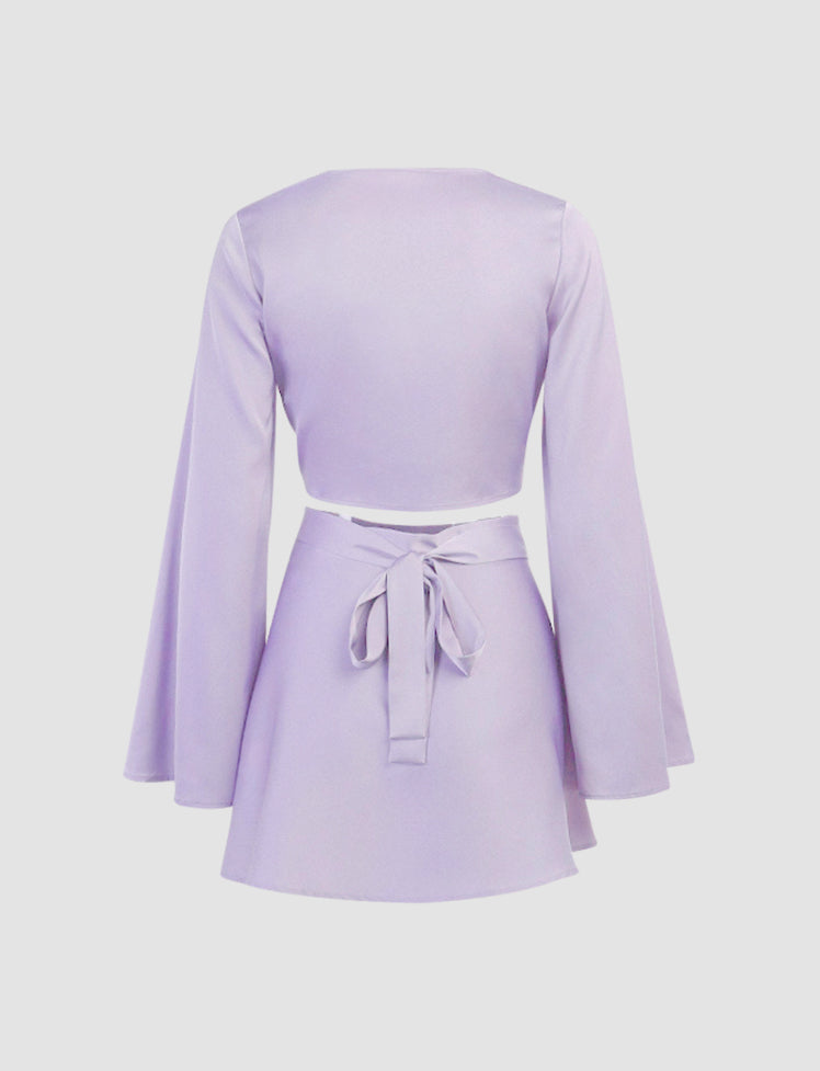 Flared Sleeve Tie Crop Top And Mini Skirt Co Ord Sets