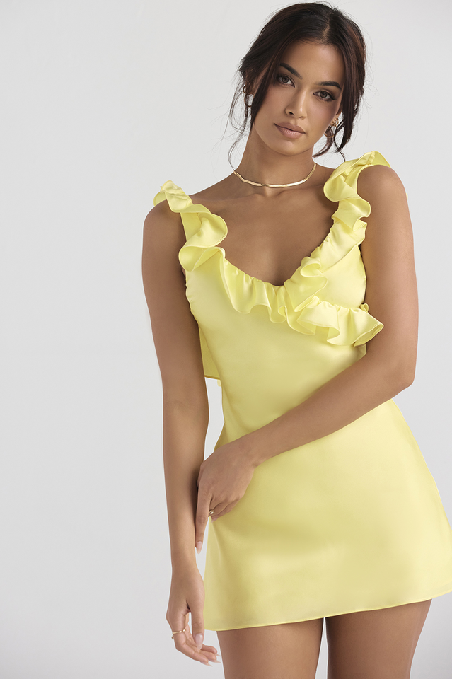 Yellow Silk Satin Ruffle Mini Dress