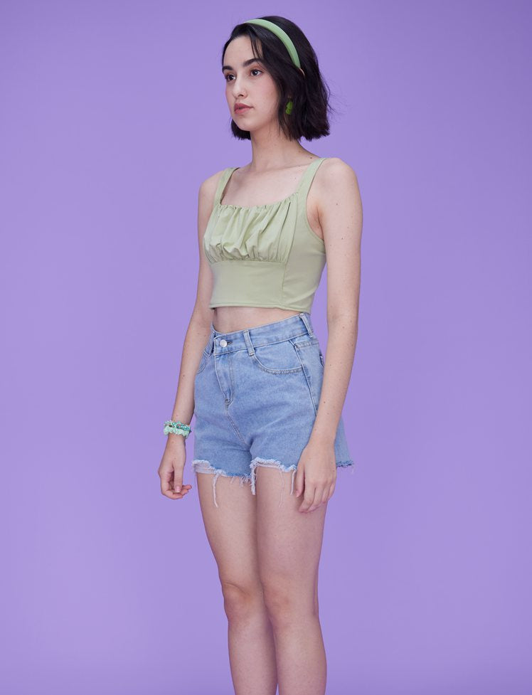 Green Fold Pleated Crop Top