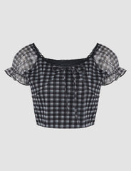 Black Plaid Puff Sleeve Shirt