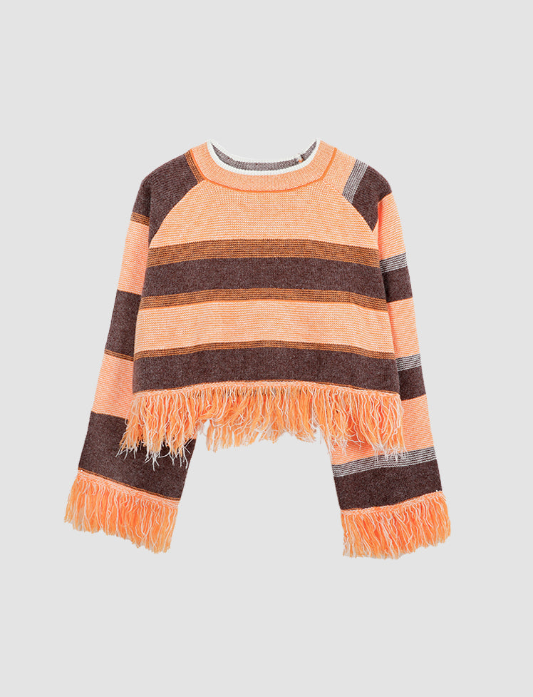 Orange Gradient Contrast Tassel Striped Sweater